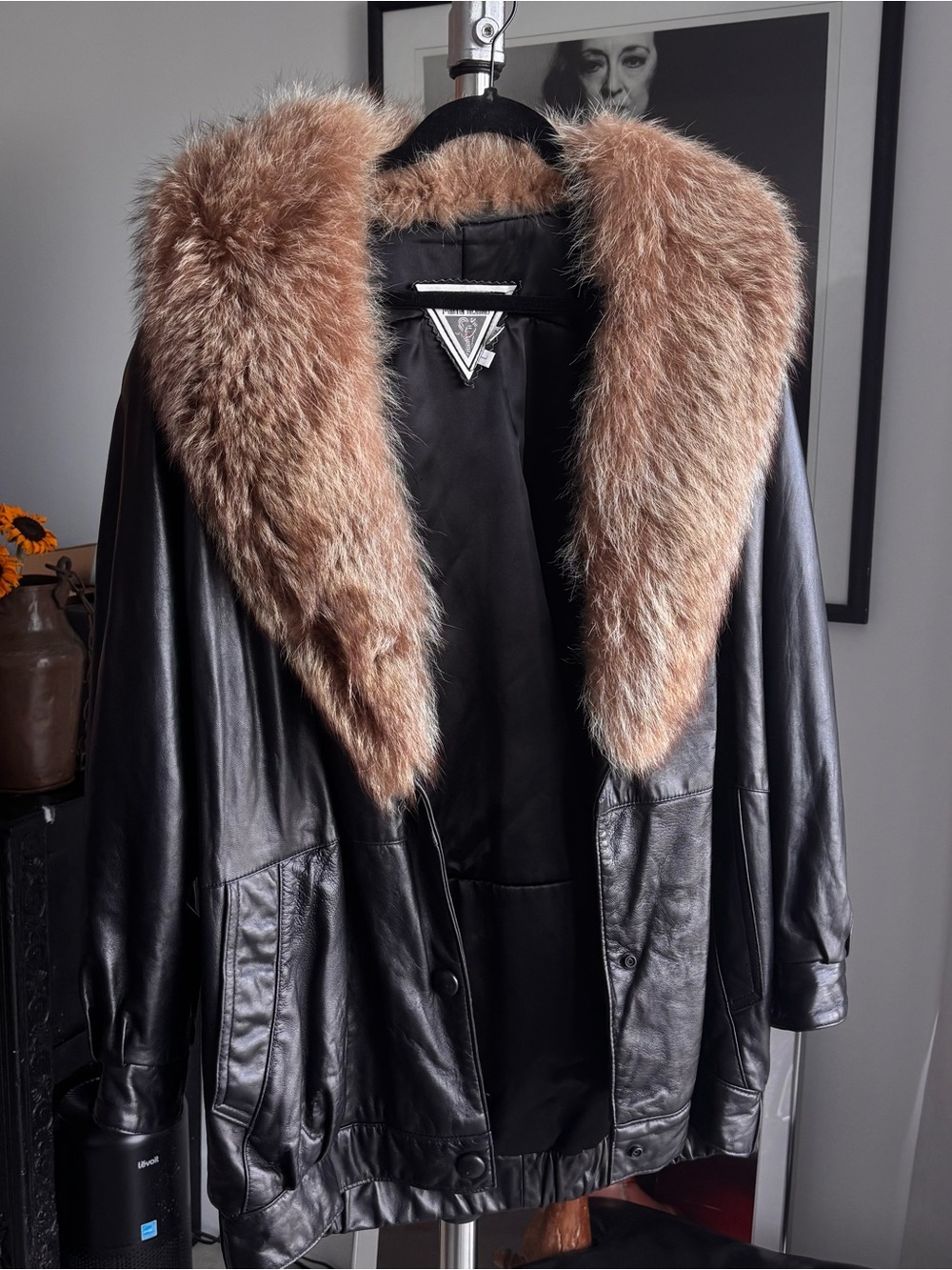 J. Percy For Marvin Richards Leather Coat Fur Trim Black Womens Size Large